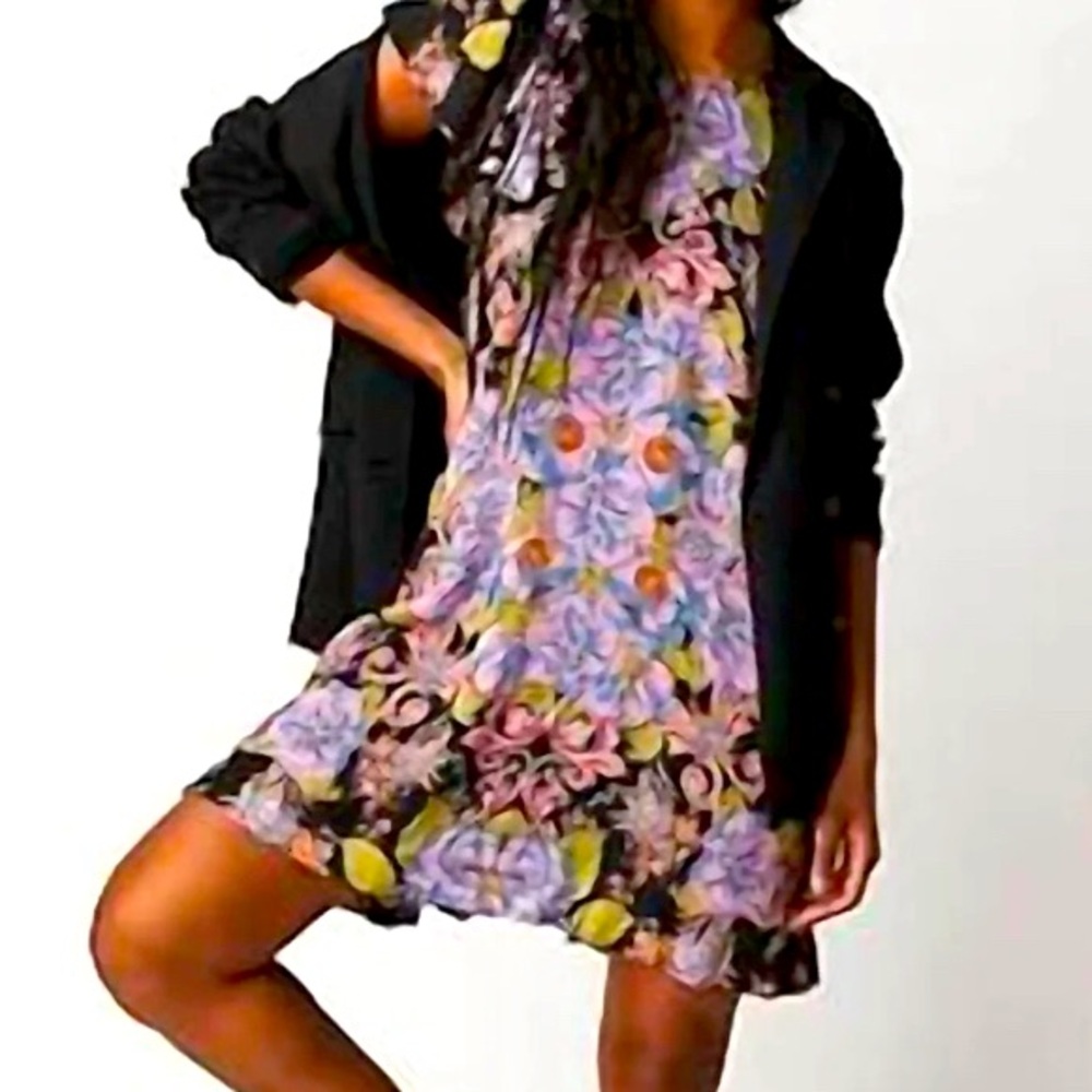 Free People dress floral babydoll loose colorful boho short w pockets S EUC